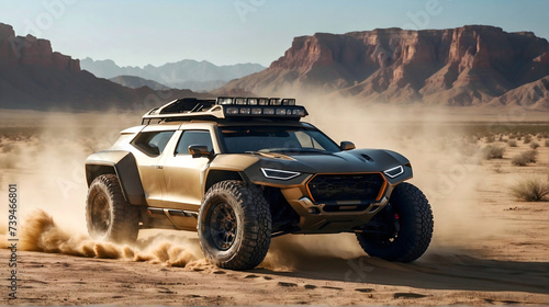 Modern off road vehicle driving trough desert and sand dunes, auto adventure concept, automotive background, action wallpaper