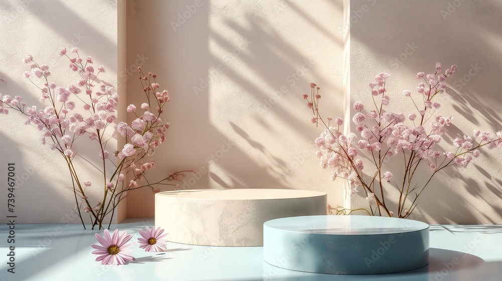 An empty stand for product presentations in pastel colors is lit by sunlight. Gives warmth and softness to the image. An empty stand for product presentations in pastel colors is lit by sunlight. Gives warmth and softness to the image.