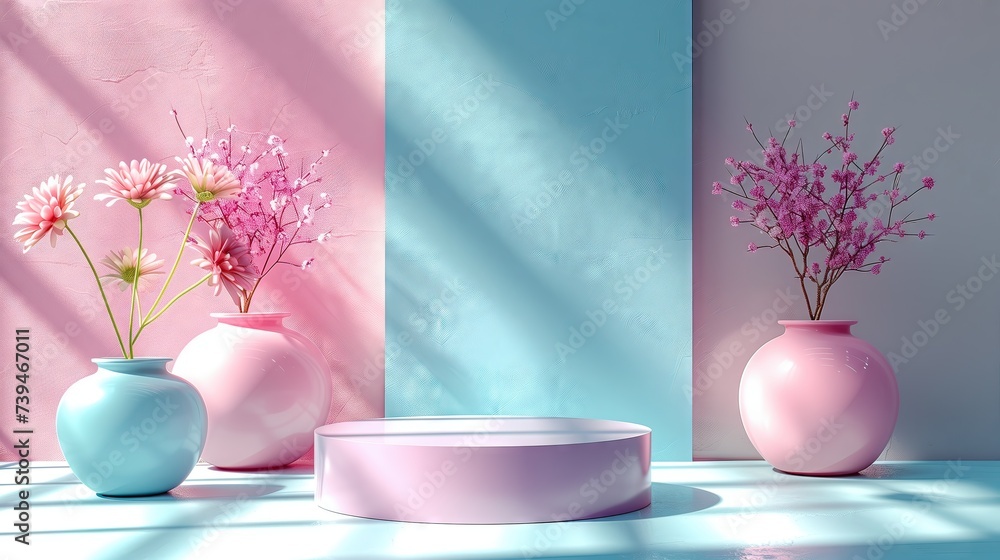 An empty podium for product presentations in pastel colors is lit by sunlight. Gives the softness of the picture. An empty podium for product presentations in pastel colors is lit by sunlight. Gives the softness of the picture.