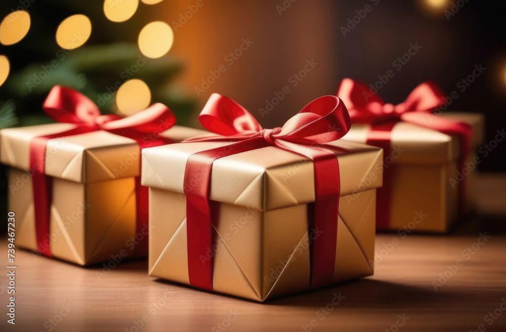 Christmas gift boxes on wooden table with bokeh lights background. Christmas gift boxes on wooden table with bokeh lights background.