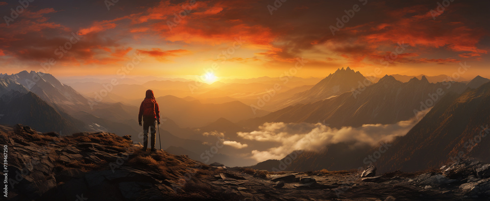 Panoramic View of A Traveller Standing over a  Mountain Autumn Landscape Valley During Sunset  