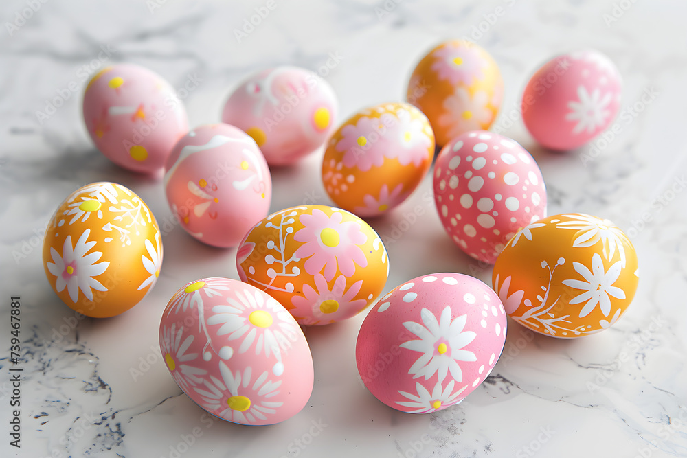 Stylish pastel pink and peach cute Easter eggs isolated on white modern background. Dyed colorful eggs composition for banner wallpaper decoration, Christian religious holiday