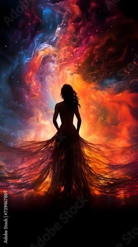 silhouette of a girl wearing an elegant dress against a backdrop of mesmerizing cosmic clouds Generative AI