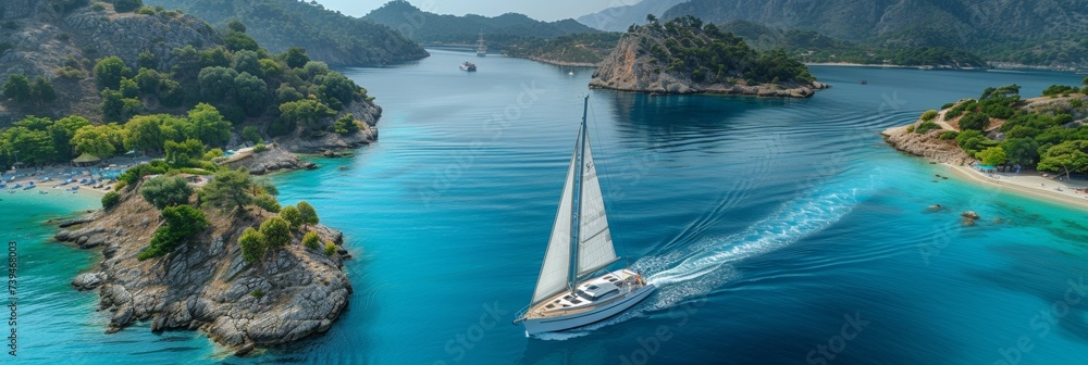 Among scenic islands, a sailboat navigates the turquoise waters, offering a tranquil summer escape.