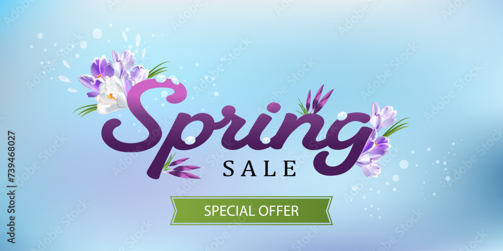 Spring Sale banner template with lilac early flowers on delicate blue gradient background. Sale vector illustration for promo design.