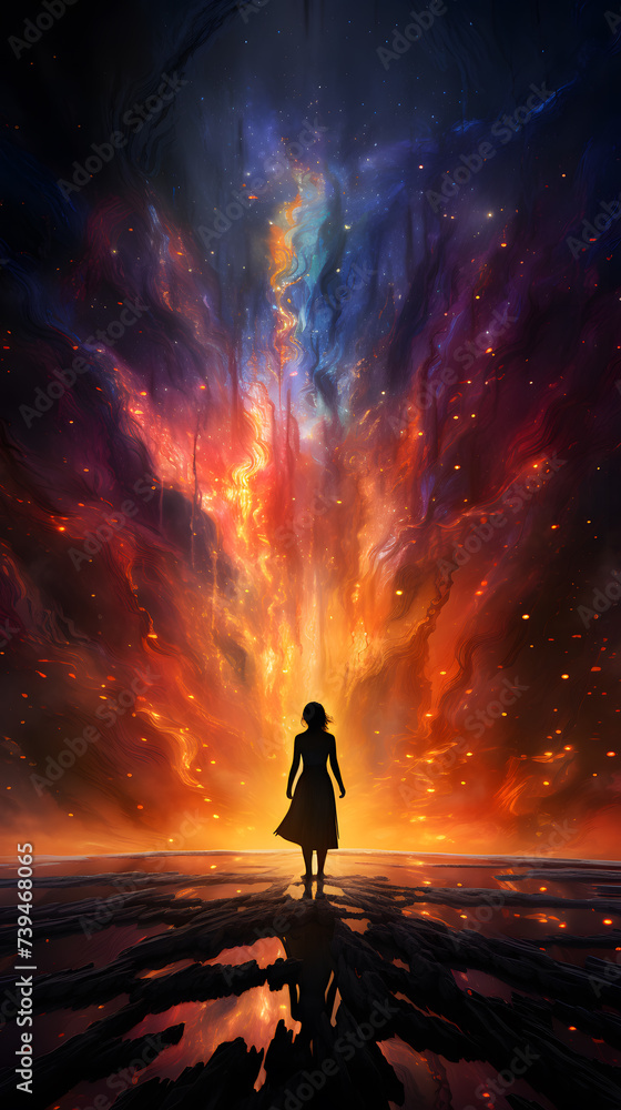 silhouette of a girl wearing an elegant dress against a backdrop of mesmerizing cosmic clouds Generative AI