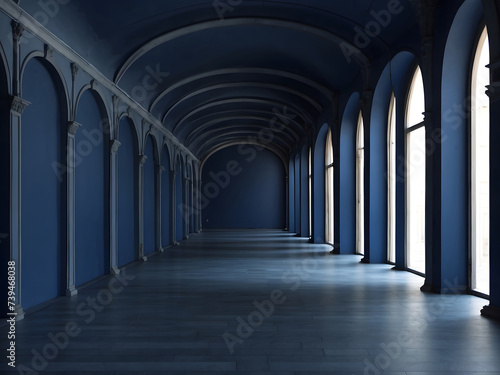 A dark blue hallway with arches and an empty room beyond it design.