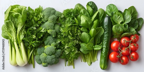 A vibrant composition of fresh, green vegetables, including broccoli, on a wooden table.
