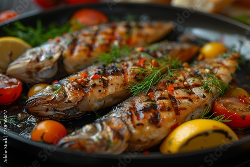 A delicious fish meal with grilled whole fish  fresh vegetables  and herbs on a pan.