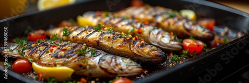 A delicious and healthy seafood meal featuring grilled fish, fresh vegetables, and savory herbs.