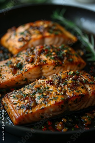 A delicious salmon steak, seasoned and fried to perfection, on a round pan.
