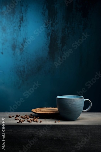 Blue ceramic cup and saucer on wooden table . Blue background. Generative AI