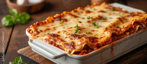 A mouth-watering dish of delicious lasagna with layers of pasta, savory meat, and creamy cheese photo
