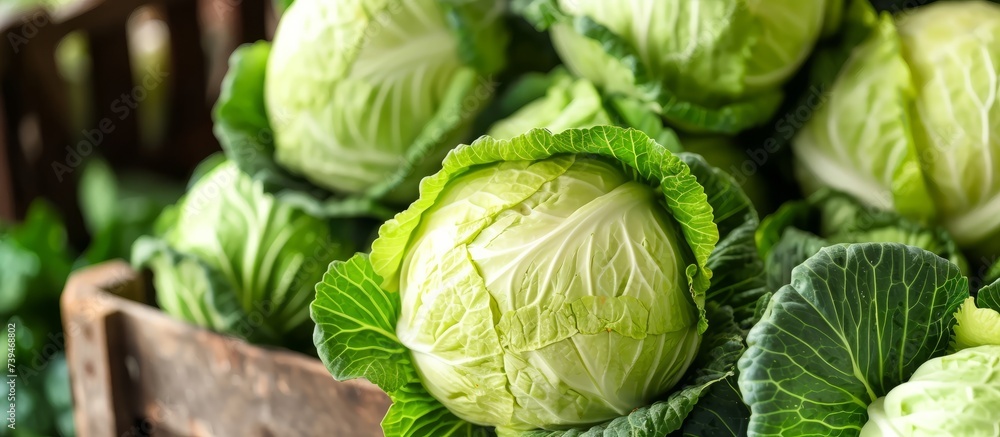Obraz premium Fresh green cabbages arranged neatly on a wooden table in a rustic setting