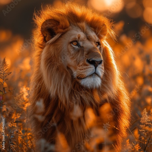 A majestic lion  captured in the golden light of the savannah  its mane flowing as it surveys the vast landscape 