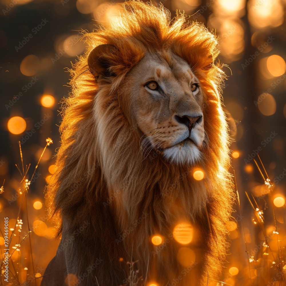 A majestic lion, captured in the golden light of the savannah, its mane flowing as it surveys the vast landscape 