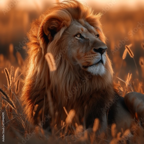 A majestic lion, captured in the golden light of the savannah, its mane flowing as it surveys the vast landscape 