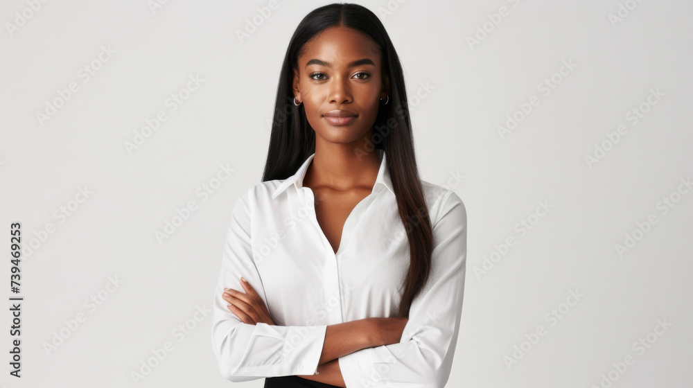 confident young woman is smiling at the camera, standing with her arms crossed, wearing a white shirt, which can represent a professional, business, or casual setting. confident young woman is smiling at the camera, standing with her arms crossed, wearing a white shirt, which can represent a professional, business, or casual setting.
