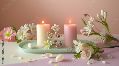 A pair of elegant Easter candles arranged on a pastel-colored tray, surrounded by spring flowers, with space above them for adding a message
