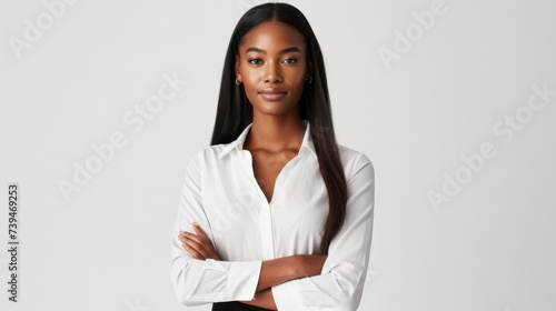 confident young woman is smiling at the camera, standing with her arms crossed, wearing a white shirt, which can represent a professional, business, or casual setting.