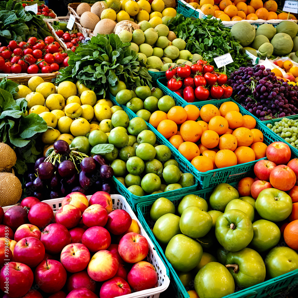 Baskets with fruits and vegetables at the market. Generative AI Baskets with fruits and vegetables at the market. Generative AI