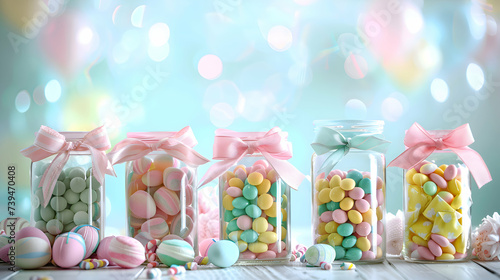 A set of pastel-colored Easter jars filled with candies and tied with ribbons, arranged neatly on a table with room beside them for personalized text photo