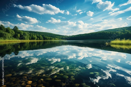 A body of water surrounded by a dense and verdant forest  with the lush greenery reflecting in the clear water on a sunny day