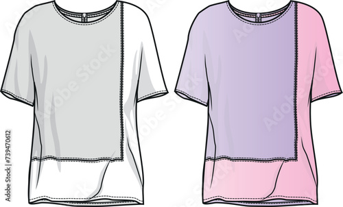 T SHIRT Design Vector Flat sketch, Technical Drawing. Summer collection for Fashion Designers, black white and colorful blank design tshirt template.