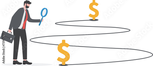 Financial navigation. Path to financial success. Earning extra income or increasing salary. direction of the company growth. Businessman holding a magnifying glass to search and track the trace money
