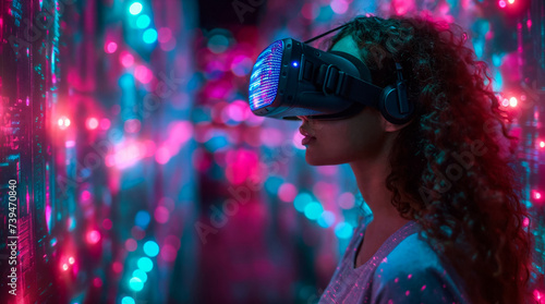 An image of a femail gamer in VR headset enjoying watching of augmented reality. For backgrounds, covers, advertising banners and other projects about virtual reality.	