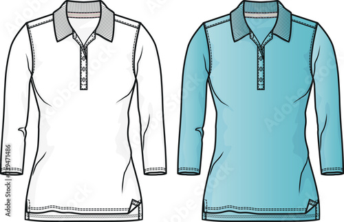 Polo Neck T Shirt Design, Vector Flat Illustration, Technical Drawing, Clothing Fashion