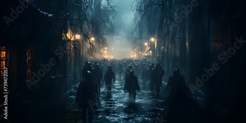 Creepy undead horde haunting city streets after dark with chilling purpose. Concept Horror Photography, Zombie Apocalypse, Nighttime Cityscape, Creepy Characters, Supernatural Encounters