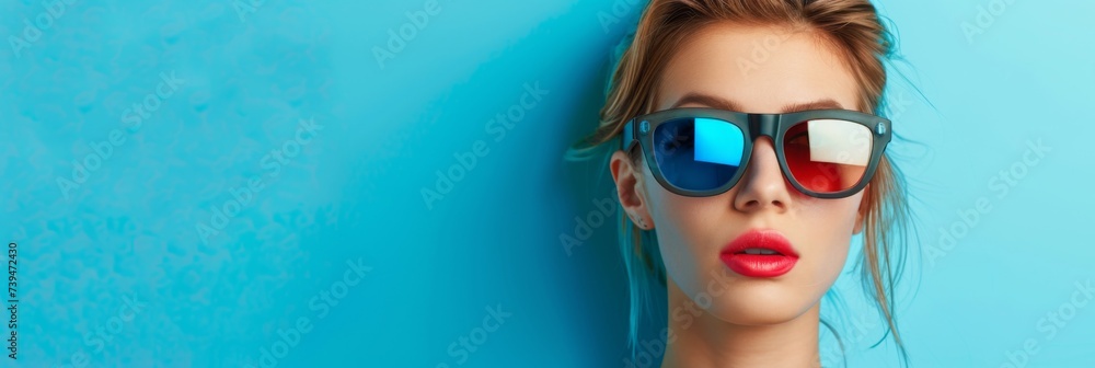Woman with anaglyph glasses on blue background. Cinema festival concept. Cinematography, movie show. Design for banner, header with copy space Woman with anaglyph glasses on blue background. Cinema festival concept. Cinematography, movie show. Design for banner, header with copy space