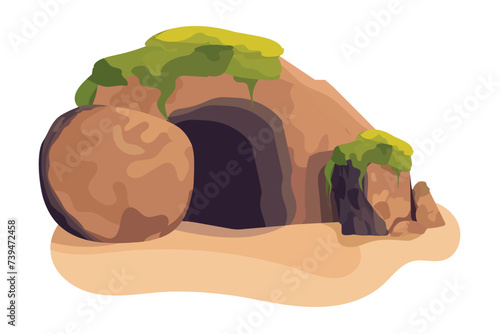 Easter Vector Illustration. Empty Tomb of Jesus Christ. Rolled away stone near the entrance to the cave.