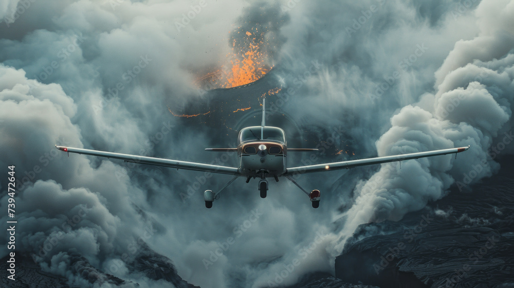 Small airplane approaches, single propeller, amidst swirling smoke, backdrop of erupting volcano.generative ai Small airplane approaches, single propeller, amidst swirling smoke, backdrop of erupting volcano.generative ai