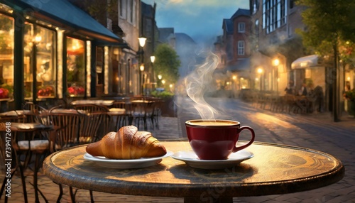 cup of coffee on a table. A quaint North American streetside cafe scene, featuring a small round table with a steaming  photo
