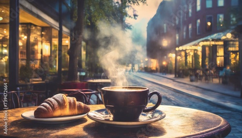 cup of coffee on a table. A quaint North American streetside cafe scene, featuring a small round table with a steaming  photo