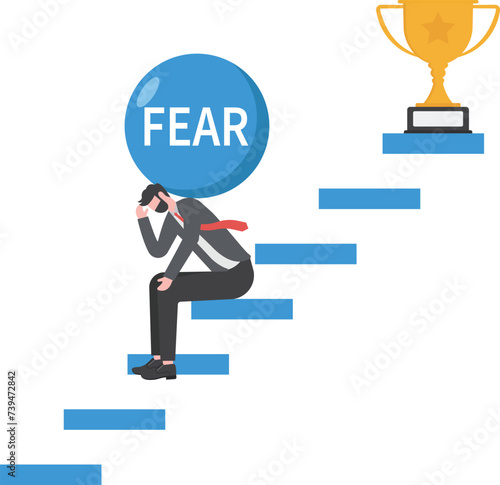 Fear of failure, anxiety or stressed, negative emotion in career development, afraid of progress forward concept, depressed businesswoman sitting on stairway to success goal

