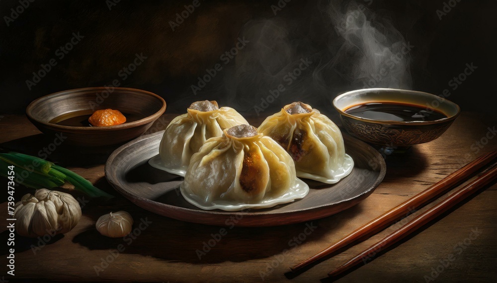 a traditional Asian festival snack, with a steaming, plump dumpling resting on a rustic wooden table. The dumpling's aroma fills the air, tempting taste buds with its savory delights.