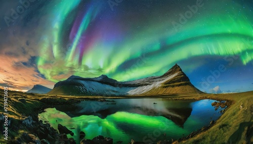 At a scenic location amidst the mountains of Iceland, the evening sky is adorned with the brilliance of both a stunning sunset and the enchanting display of the Northern Lights. In this breathtaking s