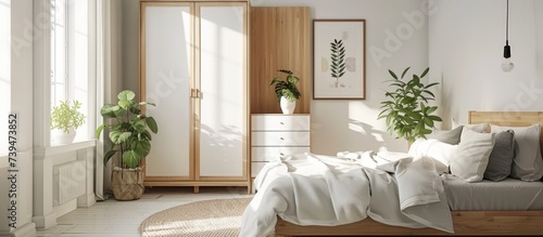 Interior design of white and wooden bedroom with wardrobe and poster in wall background.AI generated
