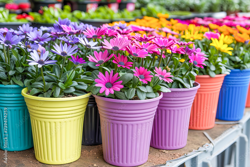 Beautiful blooming flowers in a container.