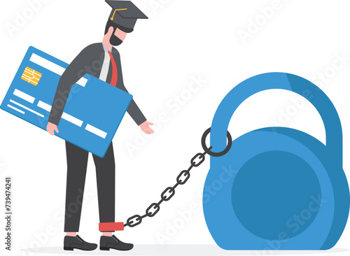 Loans as financial attachment from Education debt, Businessman with graduation hat hold credit card Graduation with chain to weight

