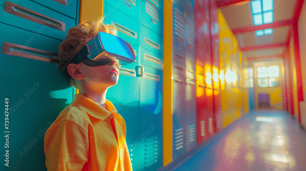 Portrait of a young, charming schoolboy with a VR headset on his head while standing in the school hallway with colorful lockers, education with modern technologies. Portrait of a young, charming schoolboy with a VR headset on his head while standing in the school hallway with colorful lockers, education with modern technologies.