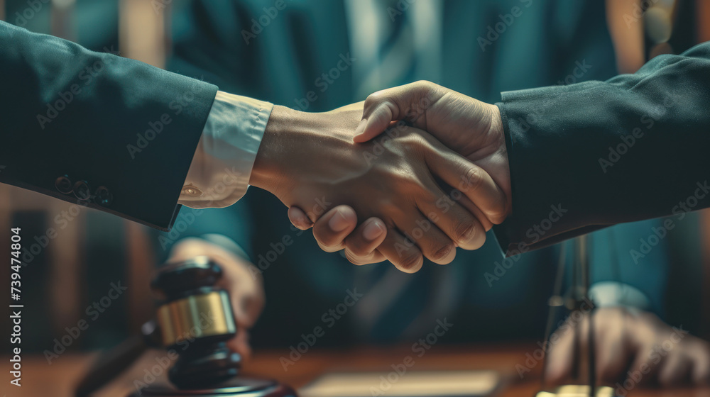 Agreement between the parties to the dispute. Conflict resolution in court. Both sides of a legal dispute shake hands as a sign of compromise. - obrazy, fototapety, plakaty 