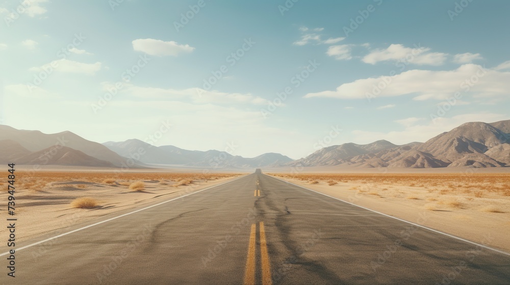 Empty asphalt road in the desert. Long straight asphalt road leading to the desert - obrazy, fototapety, plakaty 