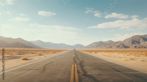 Empty asphalt road in the desert. Long straight asphalt road leading to the desert © vanzerim