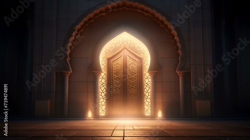 Arabic door in the mosque. Ramadan Kareem concept. 3D rendering
