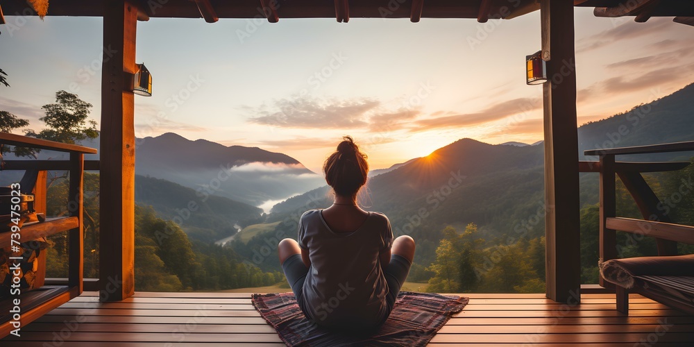 Woman sitting on wooden porch overlooking mountain cliff at sunset Serene and adventurous backdrop. Concept Travel, Adventure, Sunset, Serene, Outdoors