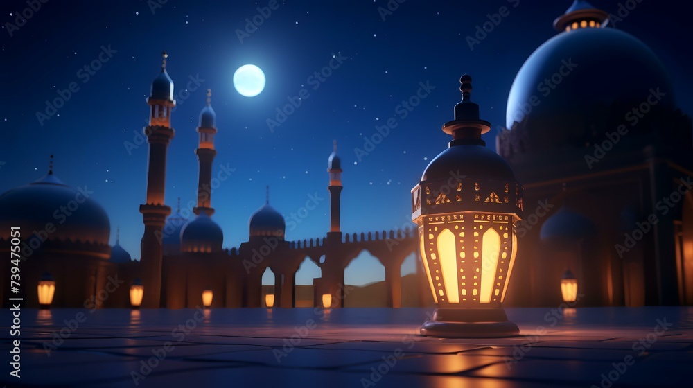 Ramadan Kareem's background with mosque and moon. 3d rendering